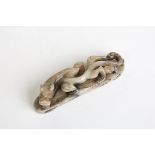 A 20th CENTURY PALE GREY JADE 'PANLONG' CARVING Of rectangular shape, carved in relief with a