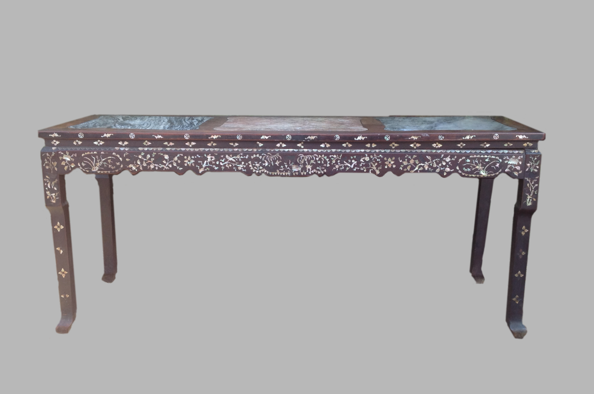 A 19th CENTURY CHINESE HONGMU AND MOTHER-OF-PEARL INLAID CENTRE TABLE Inset with three marble