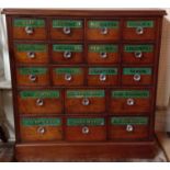 A VICTORIAN MAHOGANY APOTHECARY CHEST OF EIGHTEEN DRAWERS With glass name plates and handles, on a