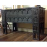 A 20TH CENTURY OAK COFFER  Replica of the Hampton Court coffer, with arched panels and florets