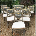 A CONTINENTAL SALON SUITE  With caned back and grey and gilt painted frames, comprising a two seater