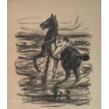 MAX LIEBERMANN, GERMAN, 1847 - 1935, A CHARCOAL LITHOGRAPH Nude male with horse, signed in margin