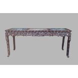 A 19TH CENTURY CHINESE HONGMU AND MOTHER OF PEARL INLAID CENTRE TABLE Inset with three marble