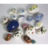 14 Porcelain and China assorted Eggs (incl Wedgwood, Coalport, Limoges etc) plus 3 Papier Mache