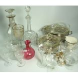 Assorted Glassware incl Decanters, Air Twist Cordial Glass, Cranberry Cream Jug, Vegetable Dishes,