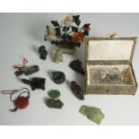 13 pieces of Carved Jade, mostly Animals plus Painted Chinese Snuff Bottle.