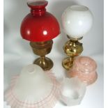 2 Oil Lamps with Shades, 2 Edwardian Ceiling Light Shades plus other.