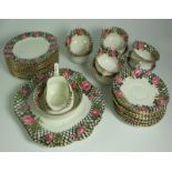Aynsley 12 Plate Tea Service Floral and Trellis Pattern (39 pieces, 1 piece missing).