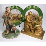 Capo di Monte Figure of Huntsman, 2 German Porcelain Wall Plates of Game Birds and a Gilded