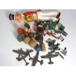 Assorted Lead Toy Aeroplanes, Farm Animals etc and 11 Wooden Spinning Tops.