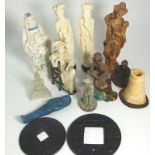 Assorted Oriental and other Figurines, 2 Large Chinese Bronze Coins etc.