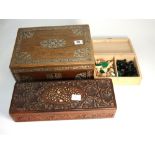 Indian Carved Glove Box with Bone Inlay, Victorian Inlaid    Mahogany Sewing and Boxed Chess Set