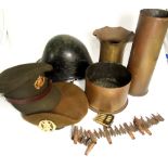 3 Brass Shell Cases inscribed and dated, 2 Dutch Army Caps, Dutch    Army Steel Helmet and