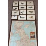 Set of 12 Framed Bird Prints and Framed Road Map of Great  Britain.