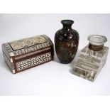 Art Deco Glass Inkwell, small Cloisonne Vase and Mother of Pearl  inlaid Jewellery Box.