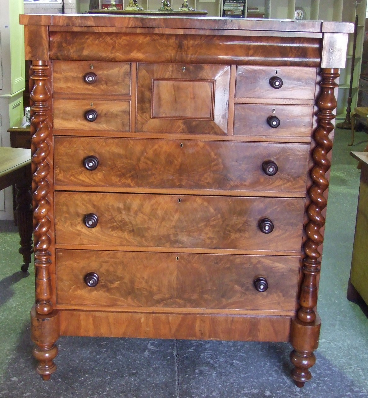 19th Century Mahogany 7 Drawer Scotch Chest with Barley Twist Columns. £200/300