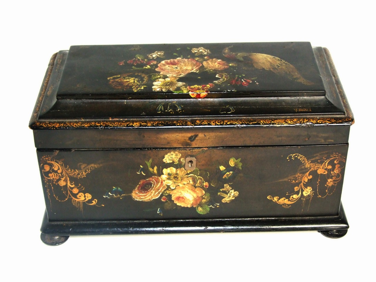 Victorian Papier Mache Tea Caddy with Hand-painted Floral and Bird Decoration. £100/150