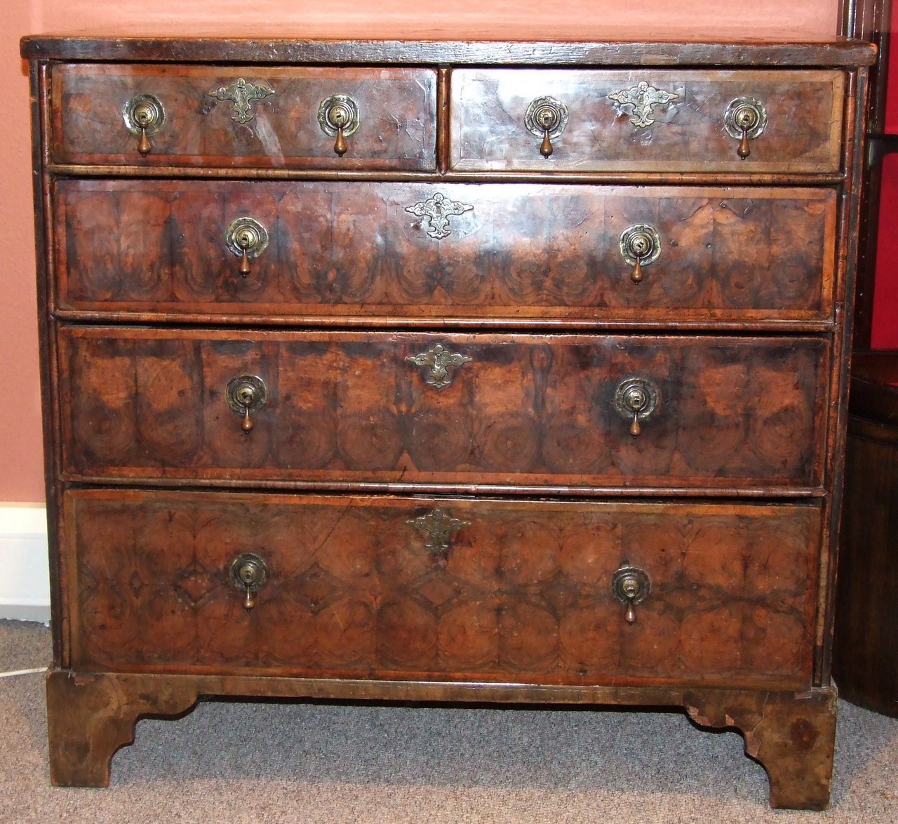 William and Mary Oyster Veneered Walnut 5 Drawer Chest on Bracket Feet with Original Brass Drop