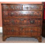 William and Mary Oyster Veneered Walnut 5 Drawer Chest on Bracket Feet with Original Brass Drop