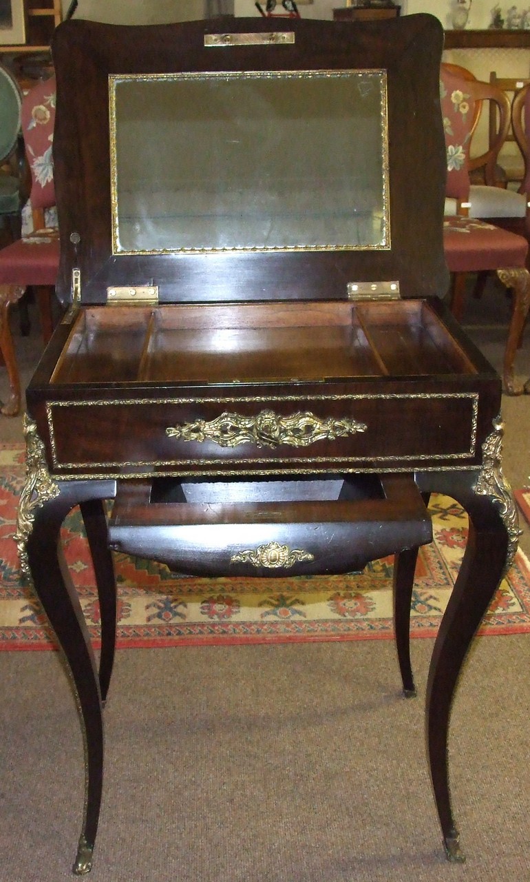 French Ebonised with Gilt Ormolu Mounts Ladies Work / Writing Table on Cabriole Legs. Lock Signed