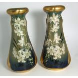 Pair of Large Bohemian Art Nouveau Vases with Gilt and Lily Enamel Decoration – 15” high. £80/120