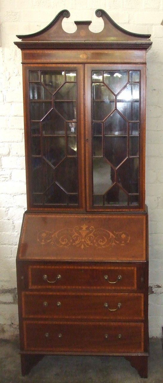 Late 19th Century Mahogany Satinwood Inlaid Bureau Bookcase with Marquetry Fall. £300/500