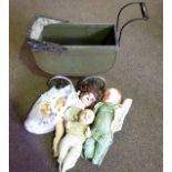 Victorian Doll’s Pram and 4 Bisque and Composite Headed Dolls. £60/80