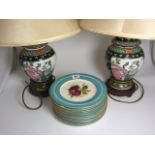 Pair of Oriental Porcelain Table Lamps and 12 Floral Pattern Dessert Plates. £30/40