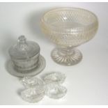 Georgian Hobnail Cut Crystal Punch Bowl, Crystal Butter Dish and 4 Salts. £60/80