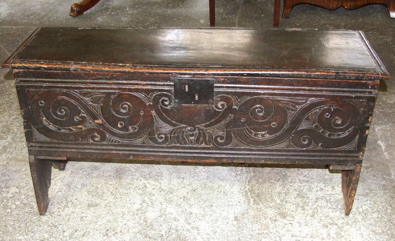 17th Century Planked Oak Coffer with Carved Front Panel. £150/250