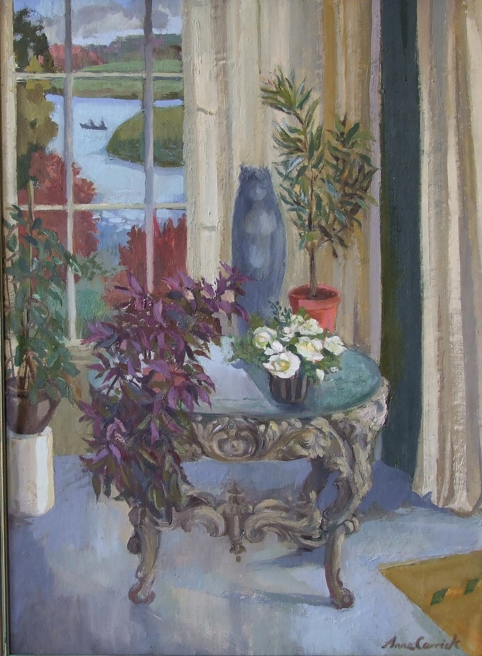 **ANNE CARRICK – Plant Table By The Tweed. Oil on board. Signed 27” x 20” £250/250