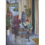 **ANNE CARRICK – Plant Table By The Tweed. Oil on board. Signed 27” x 20” £250/250