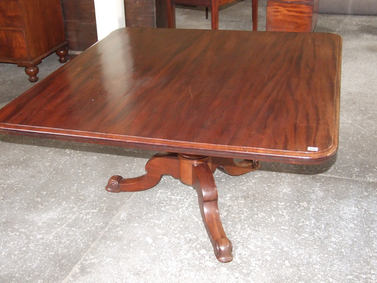 Victorian Mahogany Squared Topped Breakfast Table on Centre Pedestal. £150/200