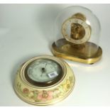 Aneroid Barometer Mounted in Porcelain Floral Decorated Case and Brass Mantel Clock under Dome.