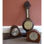 Oak Cased Aneroid Barometer and 2 Mantel Clocks. £30/40