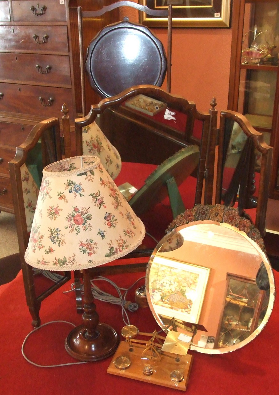 Misc. Lot – Mahogany Cake Stand, Dressing Table Mirror and other, Postal Scales and Wooden Table