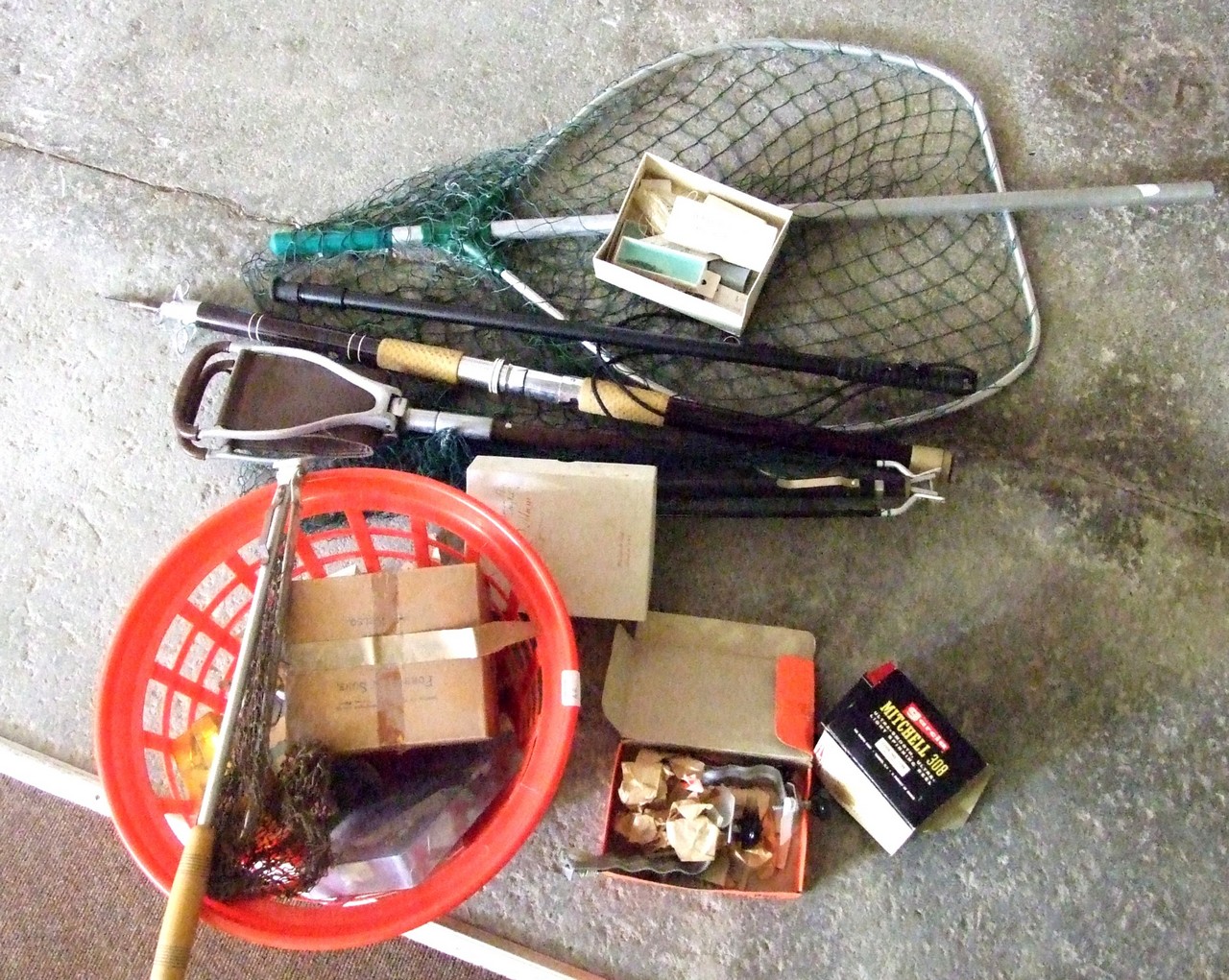 Assorted Fishing Gear incl. Rod, Landing Nets, Flies, Wading Stick etc. Also Shooting Stick. £30/40