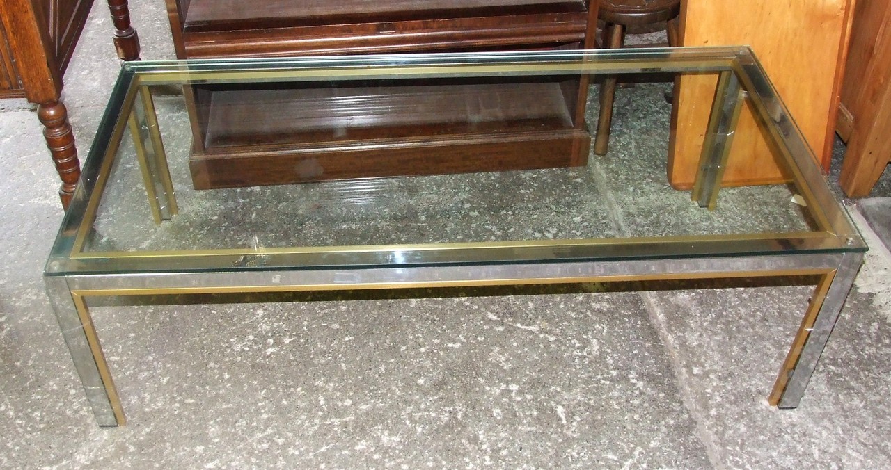 Polished Steel and Brass Framed Glass Topped Coffee Table. £30/40