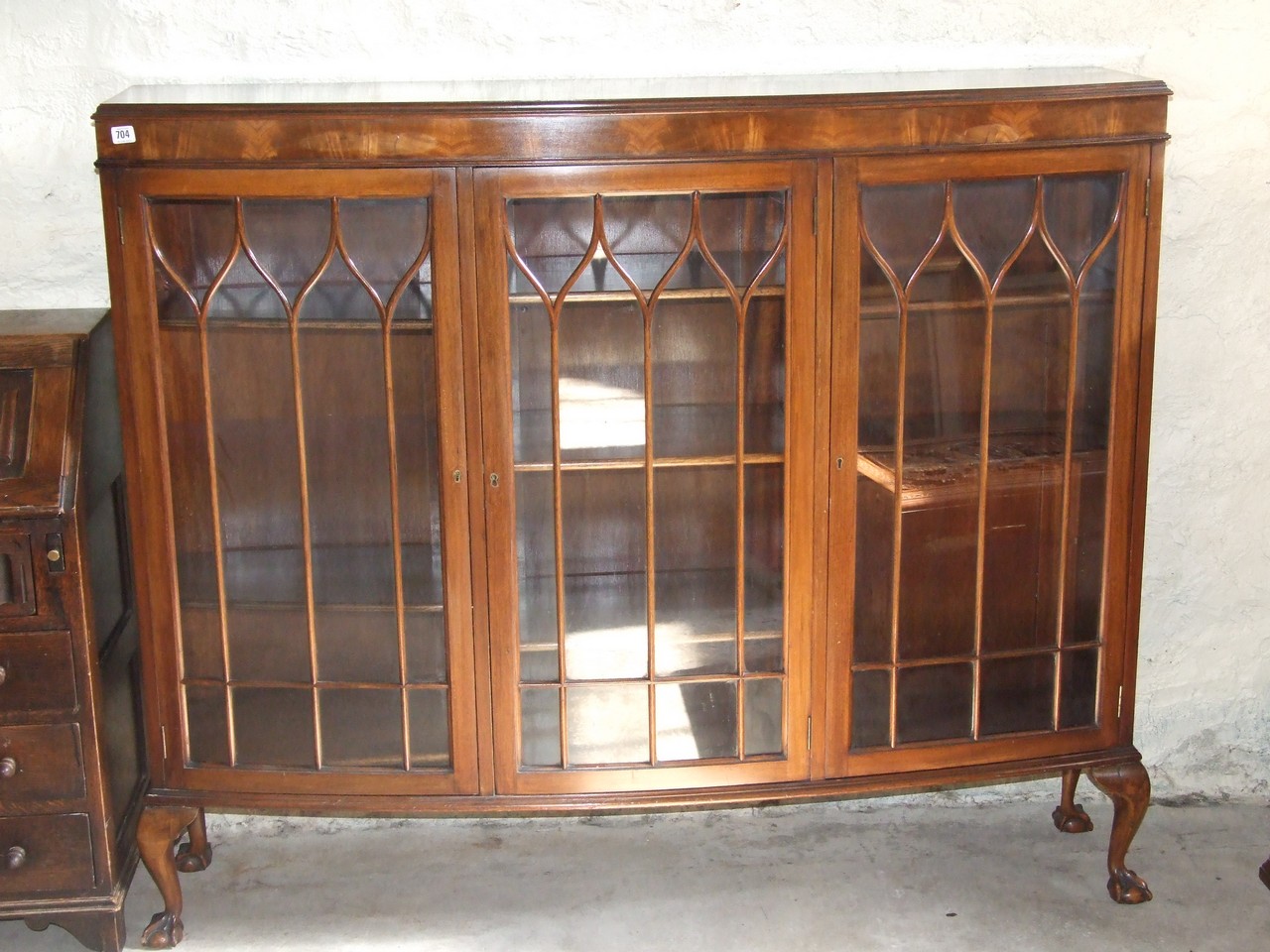 Edwardian Mahogany 3 Glazed Door Display Cabinet on Ball and Claw Feet. £80/120