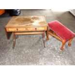 Reproduction Mahogany Drop-leaf Coffee Table plus Velour, upholstered Gout Stool. £30/40