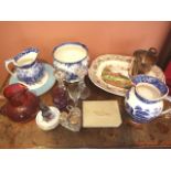 19 pieces assorted Pottery, Glassware, Plated-ware etc. Also Fossilised Fish. £30/50