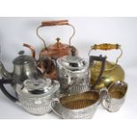 Silverplated 4 piece Tea Service, Copper Kettle, Brass Kettle with Amber Handle and Britannia Metal