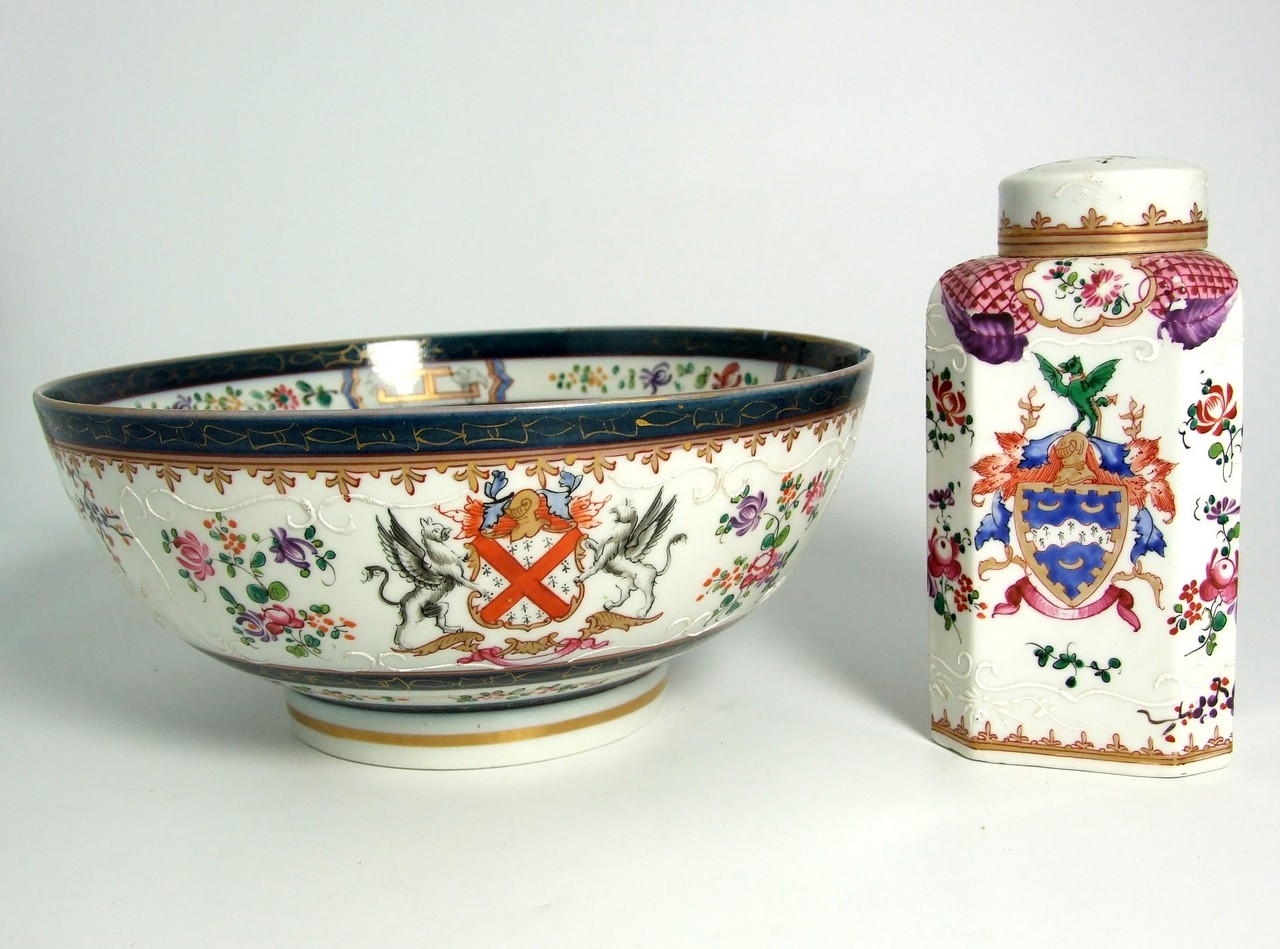 Chinese Export Armorial (9½”) Punch Bowl (rim chip) and Tea Caddy. £200/300