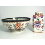 Chinese Export Armorial (9½”) Punch Bowl (rim chip) and Tea Caddy. £200/300