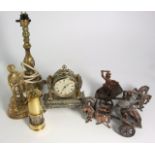 White Metal Mantel Clock, Miniature Brass Oil Lamp, Brass and Copperware. £30/40