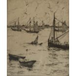 FRANK BENSON – 2 Framed and signed Etchings of Portsmouth Harbour plus etching by P GASKELL £40/60
