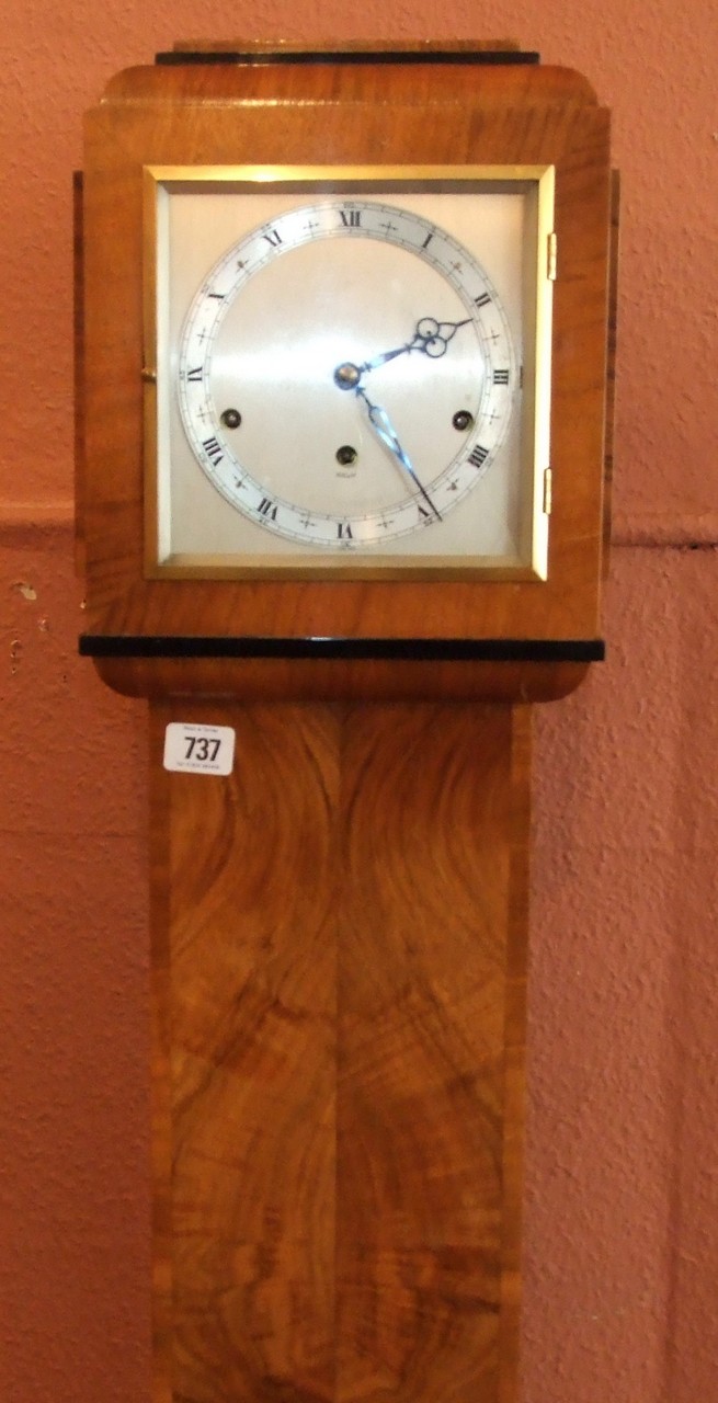 Art Deco Walnut Cased Grandmother Clock with Silver Dial and Chapter Ring, Westminster Chimes. £