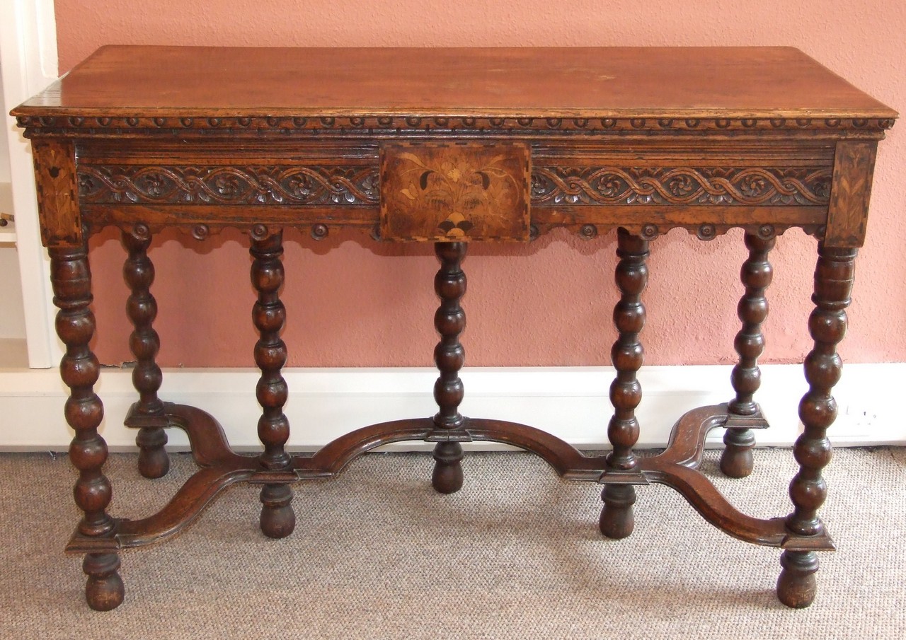 William and Mary Oak Side Table with Bobbin Legs, Shaped Stretchers and Marquetry Inlay. £600/900