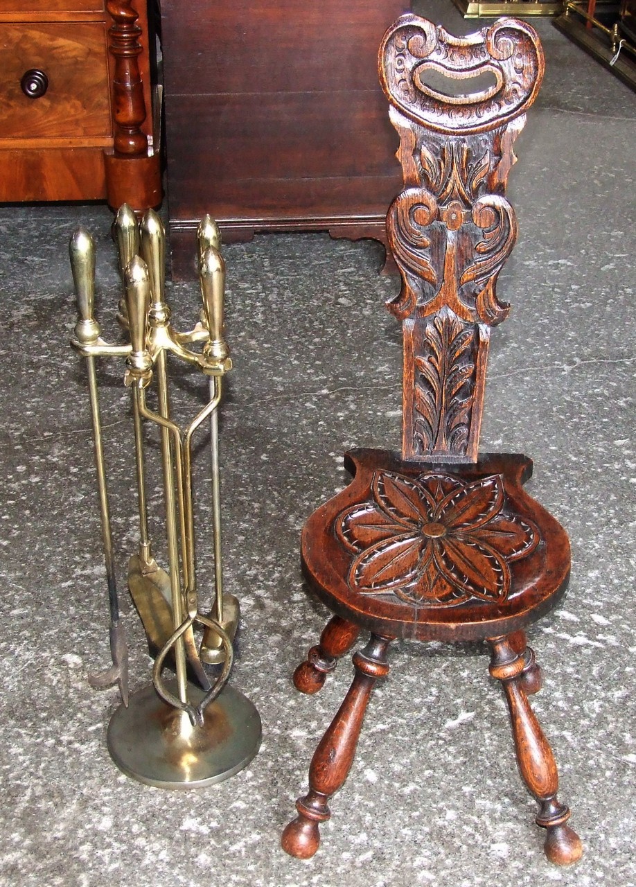 Brass Companion Set and Carved Oak Spinning Chair. £40/60