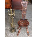 Brass Companion Set and Carved Oak Spinning Chair. £40/60